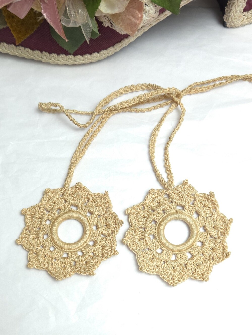 Handmade Tan Crocheted Flower Ceiling Fan OR Light Pulls Set of 2
